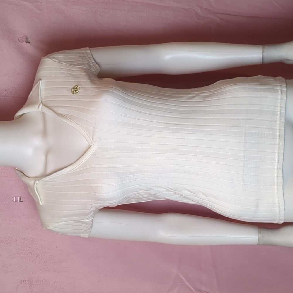 River Island Off White Y2K Ribbed Short Sleeve Polo Shirt size UK 8 US4
